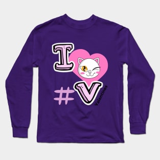 I LOVE VALENTINES - Heart with Cat wink Long Sleeve T-Shirt